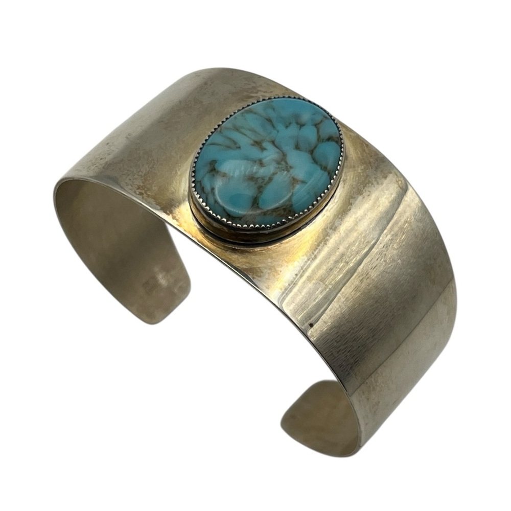 Danecraft sterling silver wide cuff bracelet blue cabochon stone vintage